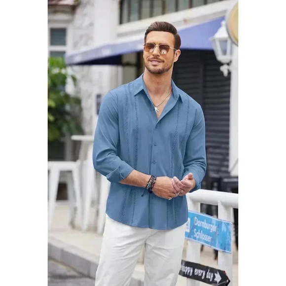 ❤️ Blue Cuban Shirt Casual Button Down Shirts Long Sleeve Beach Linen Shirts - Picture 2 of 5